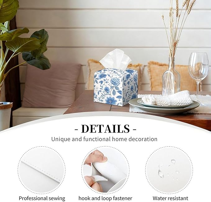 Floral Tissue Box Cover Blue Leather Tissue Box Holder Square Facial Paper Organizer Dispenser for Bathroom Kitchen Bedroom Vanity Countertop Night Stands