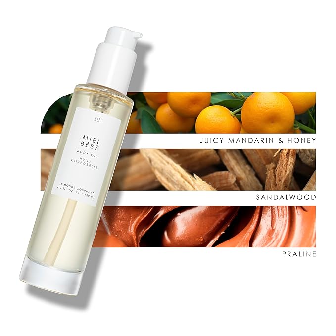 Le Monde Gourmand Miel Bébé Perfumed Body Oil for Women, Honey Blossom, Mandarin & Praline Floral‑Gourmand Scent, Vegan & Cruelty Free, 4 fl oz (118 ml)