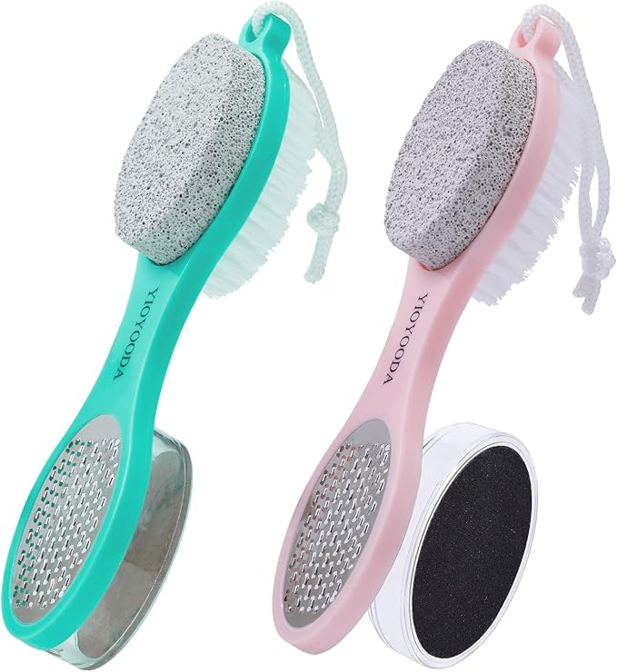 YIOYOODA Foot File Callus Remover 5-in-1, 2 Pcs Feet Scraper Pedicure Tools with Pumice Stone, Scrubber Brush, Stainless Steel Foot Rasp and Sand Paper Debris Catcher, Multi Purpose, Pink Cyan