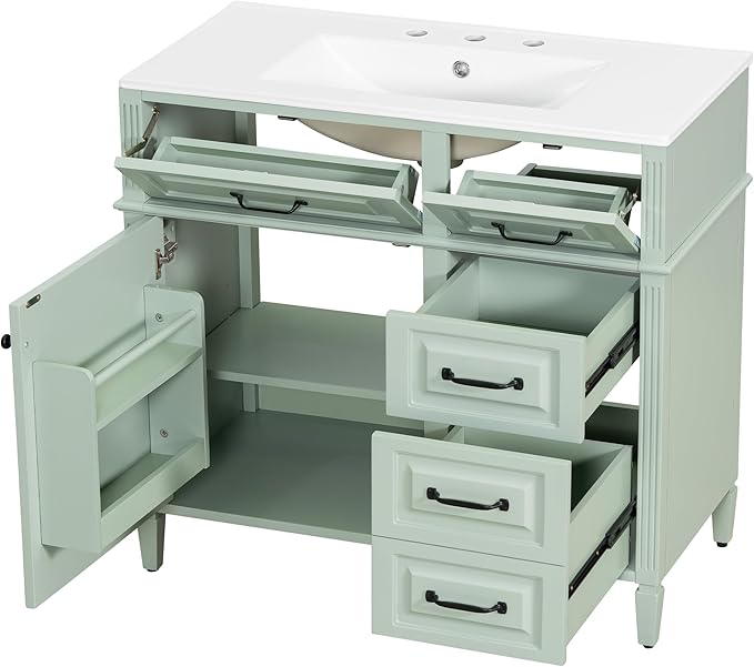 Harper & Bright Designs 36" Bathroom Vanity with Sink, Free Standing Vanity Set with 4 Drawers, Storage Racks, and Adjustable Shelf, Wood Bathroom Cabinet with Ceramic Basin for Bathroom, Green