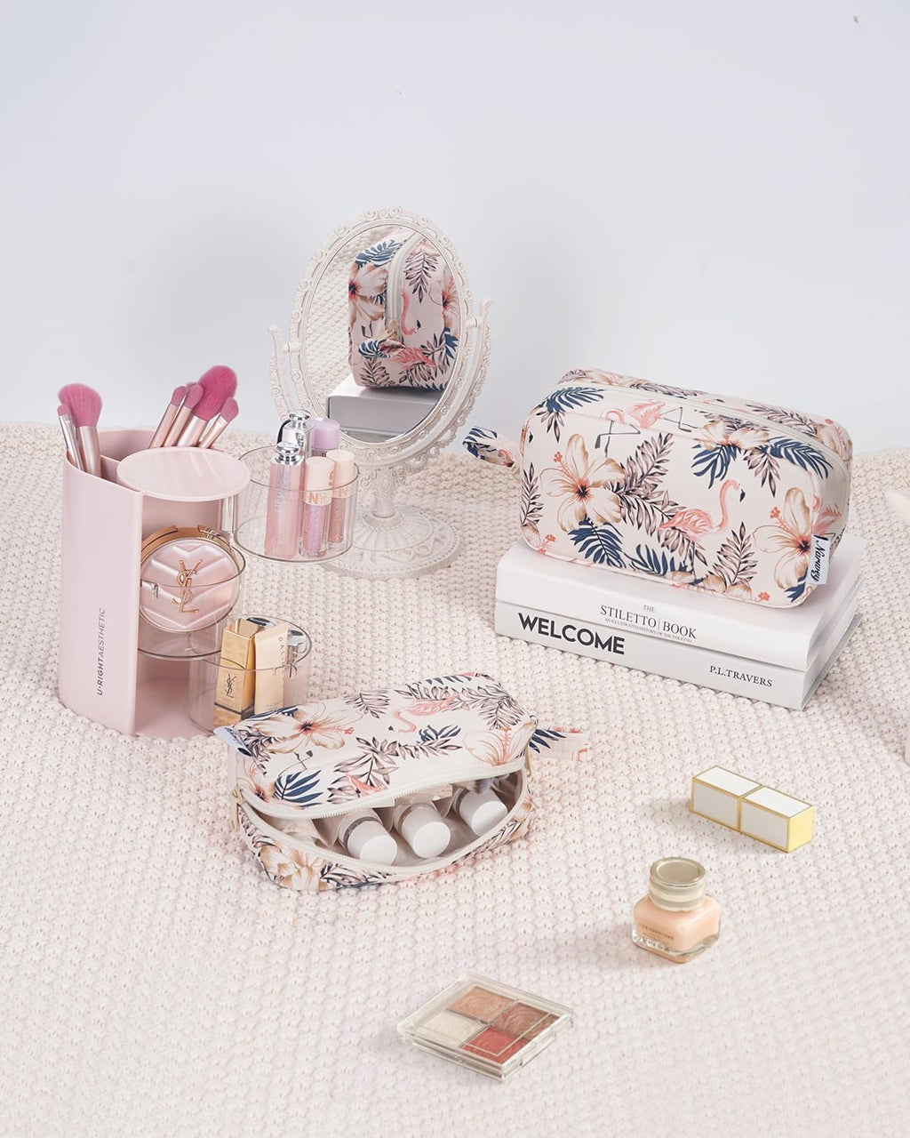 Narwey Cute Makeup Bag Small Toiletry Bag Travel Cosmetic Bag Organizer Make Up Bags with Organized Pockets for Women (Beige Flamingo, Large)