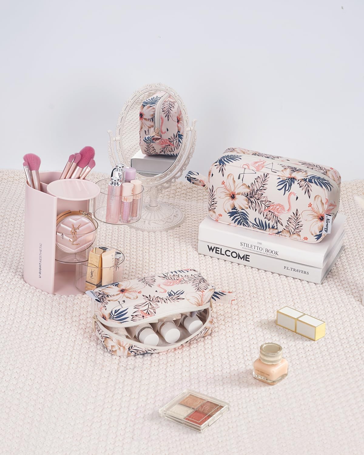Narwey Cute Makeup Bag Small Toiletry Bag Travel Cosmetic Bag Organizer Make Up Bags with Organized Pockets for Women (Beige Flamingo, Large)