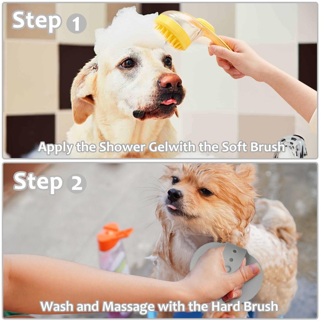 (6 Pcs) ELEGX Pet Grooming Bath Massage Brush with Soap and Shampoo Dispenser Soft Silicone Bristle for Long Short Haired Dogs Cats Shower