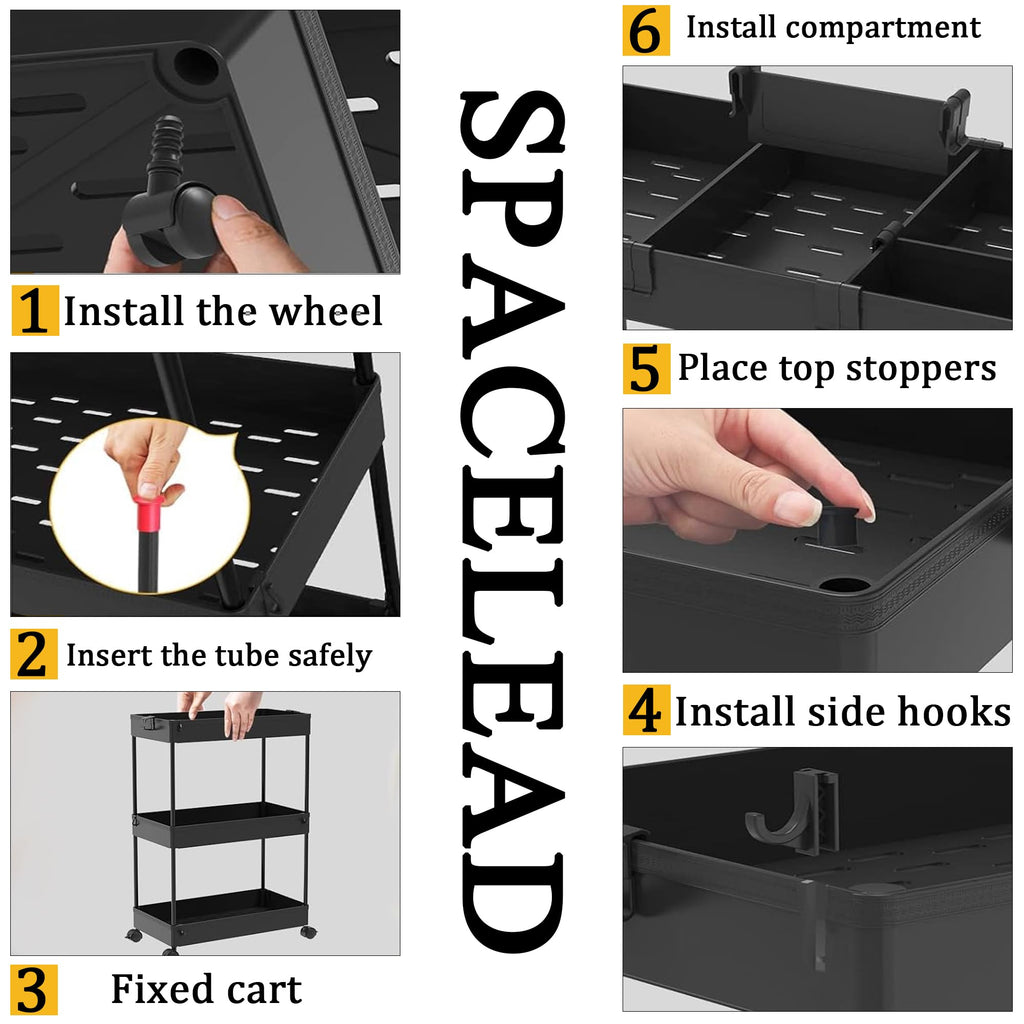 SPACELEAD Slim Storage Cart 3 Tier,Bathroom Organizer Rolling Utility,Mobile Shelving Unit Slide Out for Office, Kitchen, Laundry Room & Narrow Places,Black