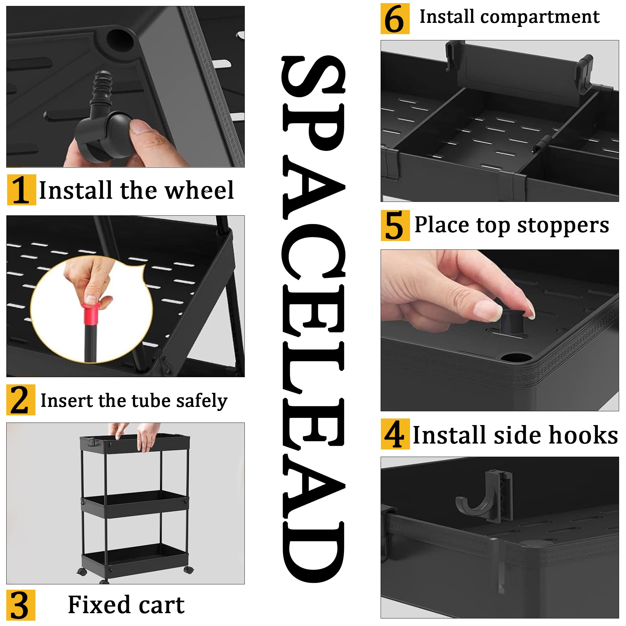 SPACELEAD Slim Storage Cart 3 Tier,Bathroom Organizer Rolling Utility,Mobile Shelving Unit Slide Out for Office, Kitchen, Laundry Room & Narrow Places,Black