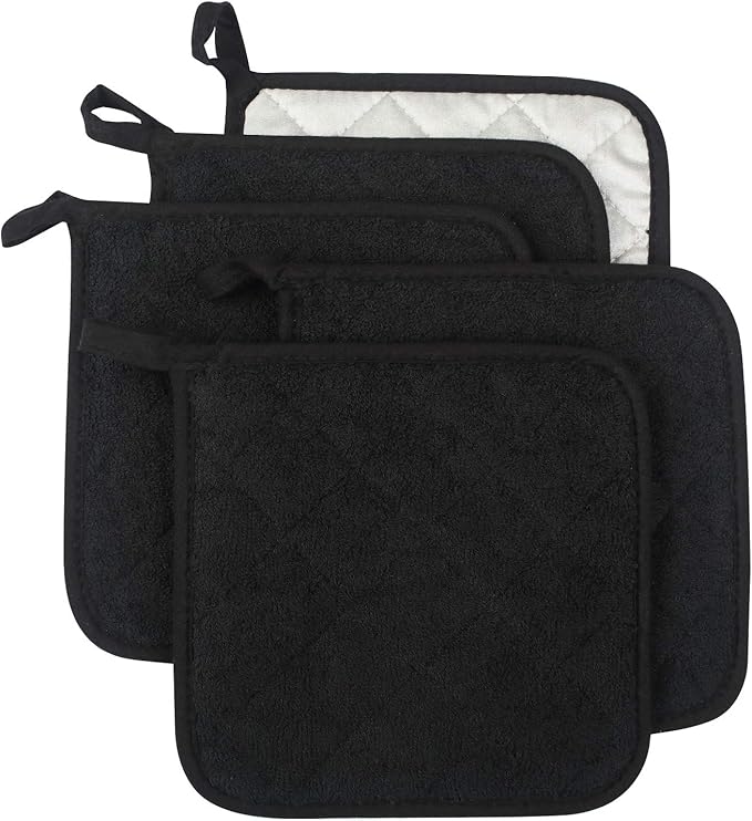 Lifaith Pot Holders for Kitchen, 100% Cotton Terry Pot Holder Set of 5, Heat Resistant Hot Pads for Cooking, Baking, Hot Dishes and Countertop Protection,Black