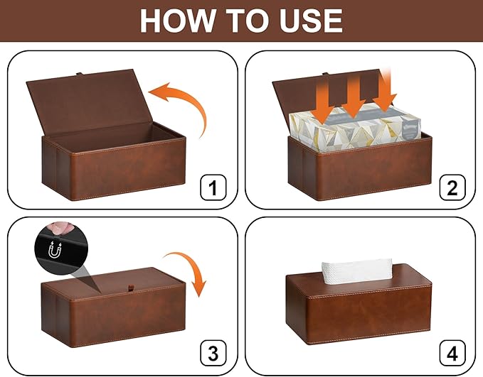 GOLRANLYE Tissue Box Cover Rectangular 9.8"(L) x 5.3"(W) x 4.3"(H) Refined Modern PU Leather Facial Tissue Dispenser Box Holder for Dresser Bathroom Decorative (Brown)