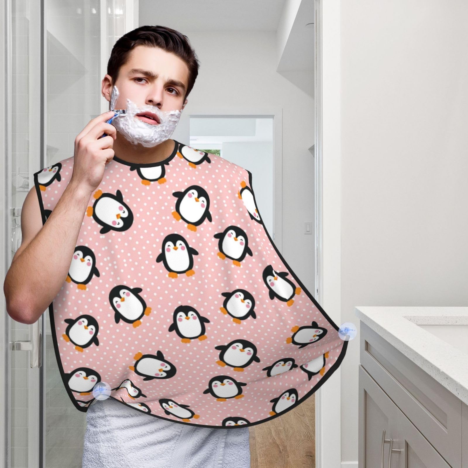 Adjustable Beard Bib, Non-Stick Hair Catcher Cape for Men's Shaving, Waterproof with 2 Suction Cups, Pink Polka Dots Cute Animals Cartoon Penguin Shave Bib