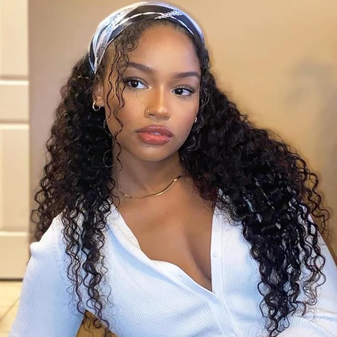 Aiterina 22Inch Headband Wigs Human Hair Deep Wave Wig Glueless Headband Wig Deep Wave None Lace Front Wigs Headband Wig Machine Made Wigs Curly Hair Natural Color