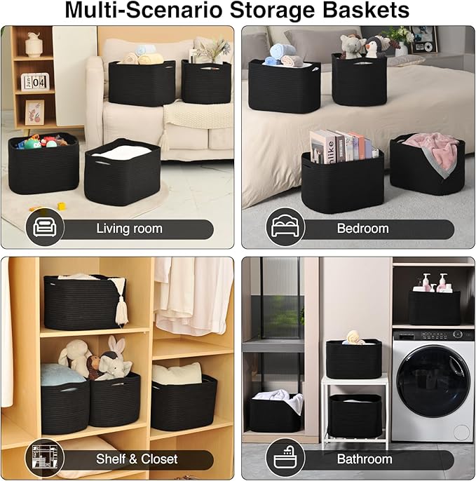 ICERZCZ Storage Baskets for Organizing & Shelves, Woven Cotton Rope Organization Bins for Dog Toys, Clothes, Books, Nursery Organizer, 15" Lx11''Wx9.5''H, (4 Packs) Black