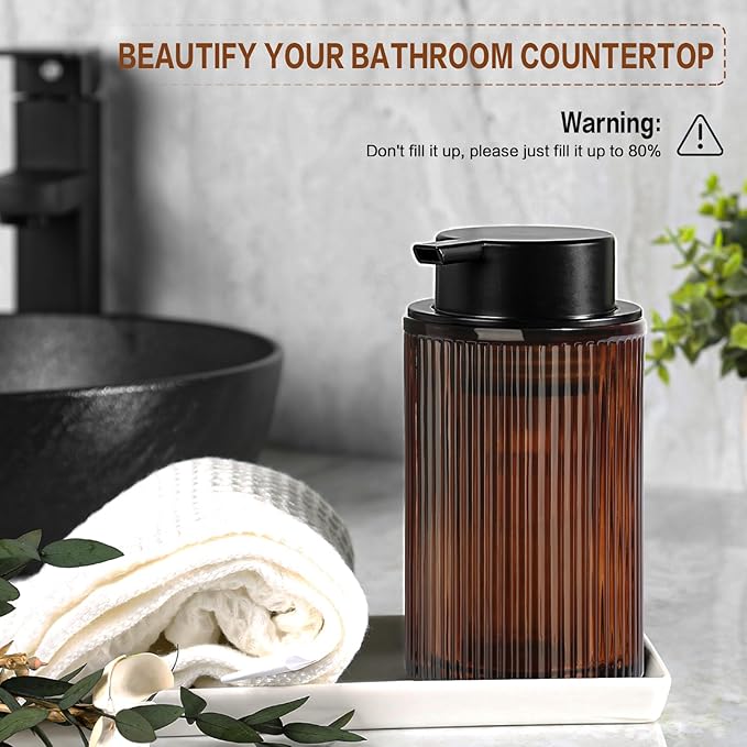 Foaming Soap Dispenser, Amber Glass Foam Hand Soap Dispenser for Bathroom, 11 Fl Oz Ribbed Refillable Foaming Pump Bottle with Black Pump, Modern Dish Soap Foam Dispenser