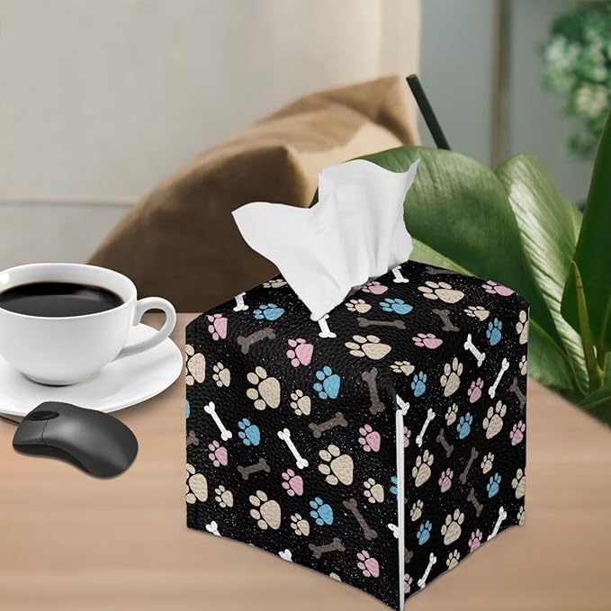 White Dog Paws Tissue Box Holder Portable Lightweight Square Tissue Box Cover Holder with Metal Button Waterproof Napkin Case for Home Office Car Automotive Decor