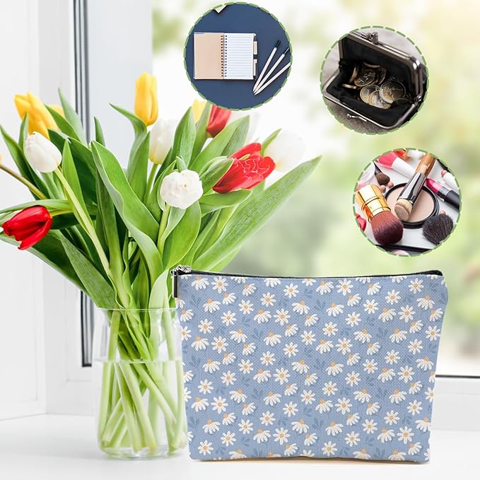 DHKG 4pcs Vintage Floral Makeup Bag, Daisy Flower Cosmetic Bag Garden Gifts
