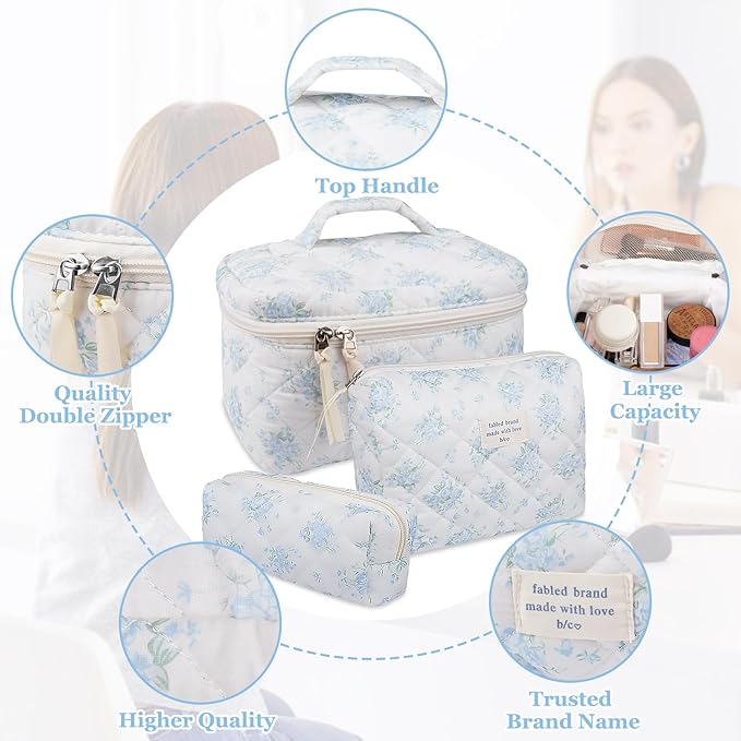Gosect Makeup Bag Set, Quilted Makeup Bag, Large Floral Cosmetic Bag for Women, Cute Cotton Makeup Bags, Flower Travel Toiletry Organizer Bag (Blue Rose)