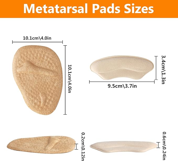 4 Pairs Metatarsal Pads Women & 4 Pairs Ball of Foot Cushions,Non-Sliding Insole Pads for Open Toe,Heel Pads Inserts for Too Big Shoe(Beige+Black)