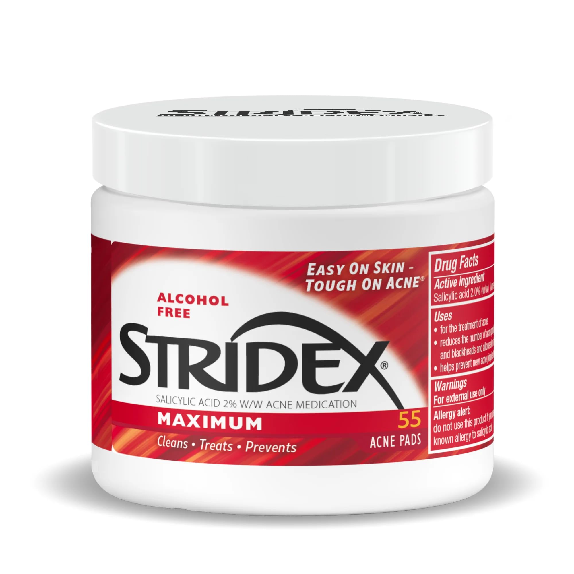 Stridex Medicated Acne Pads, Maximum, 55 Count – Facial Cleansing Wipes, Alcohol Free, Acne Treatment for Face, For Moderate Acne, Smooth Application