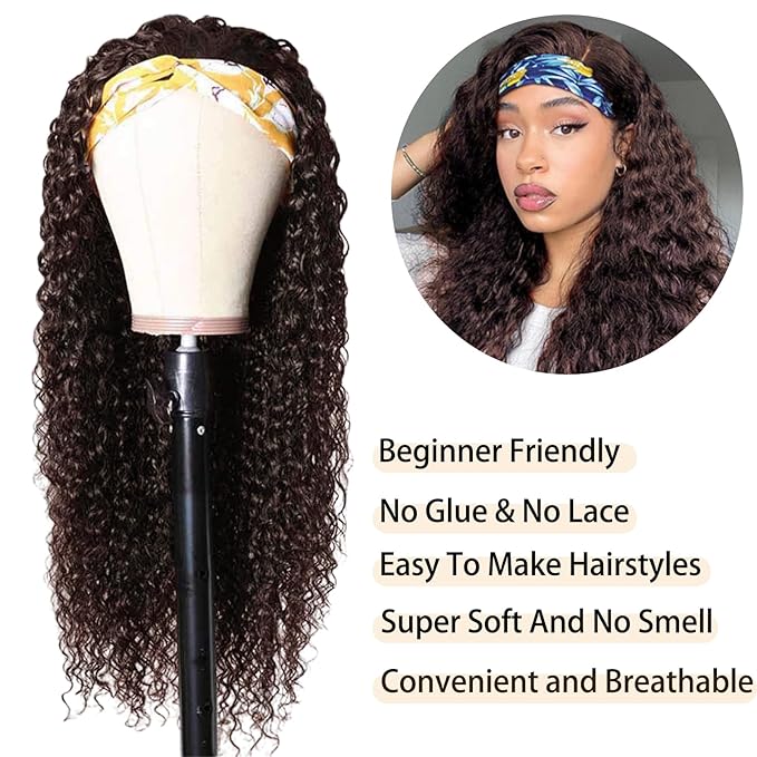 Aiterina Headband Wig Human Hair Headband Wig Deep Wave Human Hair Wigs for Black Women Glueless Human Hair Wigs Machine Made 150% Density No Lace Deep Headband Wig Chocolate Brown 10 inch