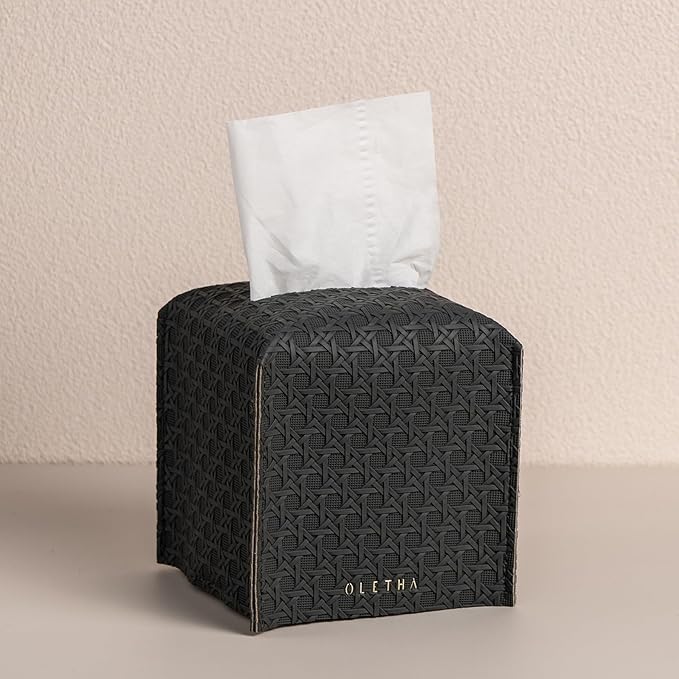 OLETHA Square Tissue Box Cover - Aesthetic Desk Decor for Room, Home & Office - Tissues Cube Boxes Holder - Lattice Patterns, Charcoal