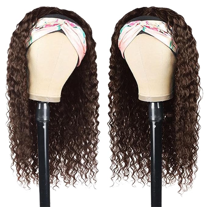 Aiterina Headband Wig Human Hair Headband Wig Deep Wave Human Hair Wigs for Black Women Glueless Human Hair Wigs Machine Made 150% Density No Lace Deep Headband Wig Chocolate Brown 22 inch