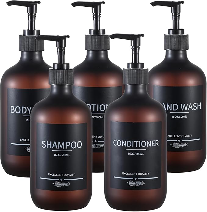 Mithrgrous Refillable Matte Amber Plastic Shampoo and Conditioner Bottles (5 Pack, 16.9oz), with Pumps and Labels
