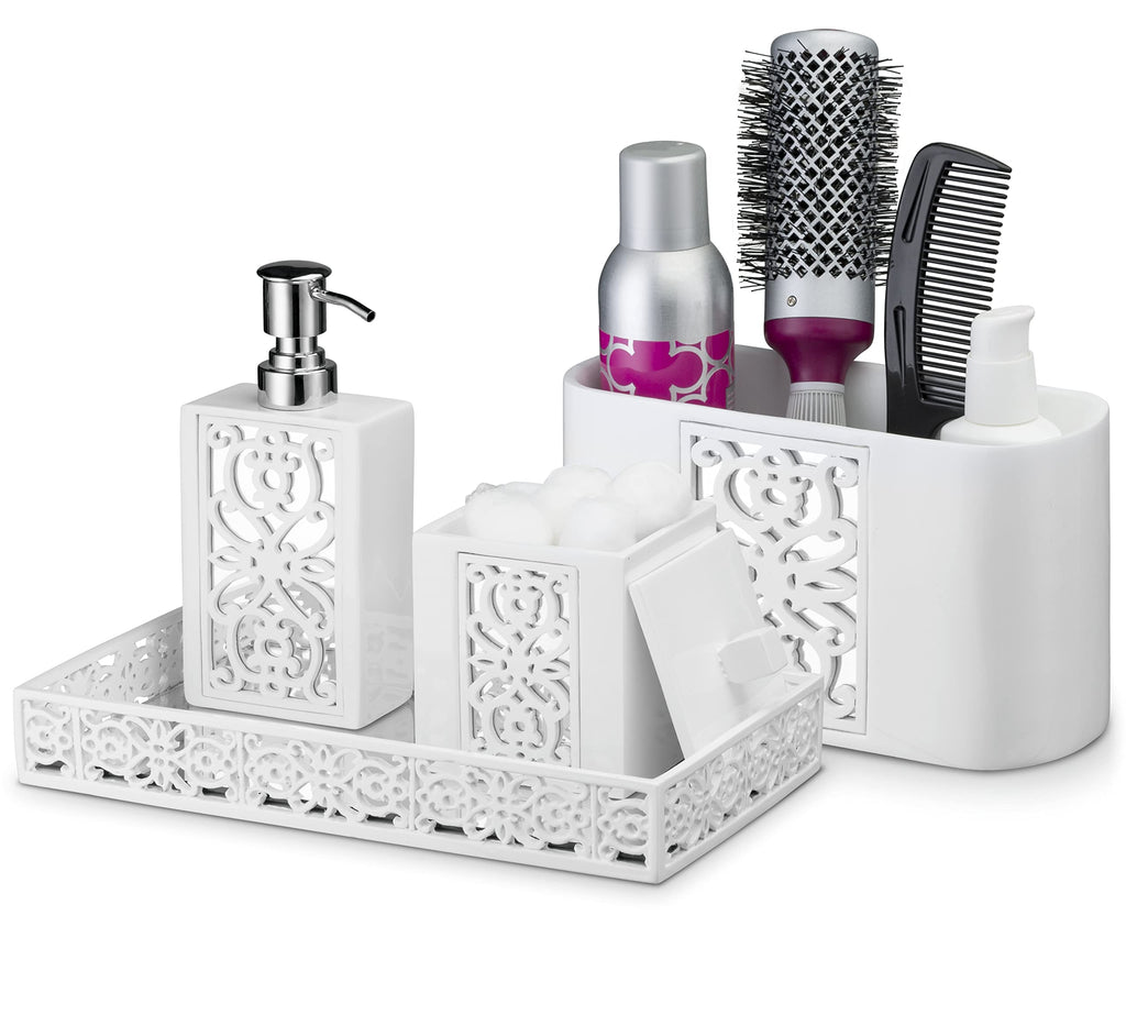 Creative Scents Mirror Janette White Qtip Holder With Lid - Decorative Cotton Ball Jar - Durable Cotton Swab Container - Beautiful Bathroom Vanity Accessories - Elegant Bath Storage