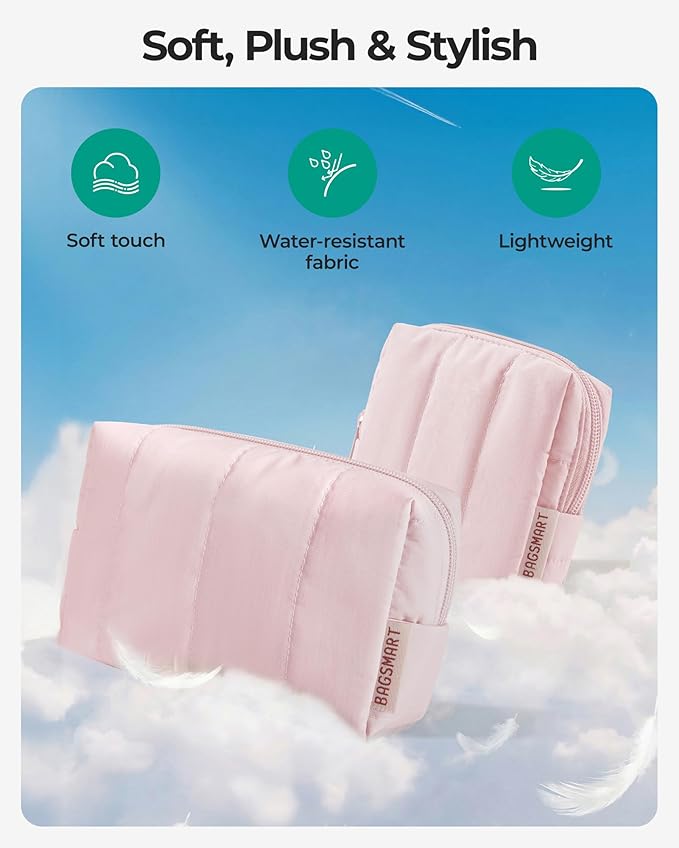 BAGSMART Makeup Bag Duo Set, Puffy Padded Travel Cosmetic Organizer with Slip-in Pockets, Large Toiletry Bag & Small Purse Pouch, Travel Essentials for Women, Baby Pink