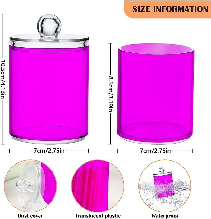 Magenta Purple Qtip Holder Organizer Dispenser Cotton Swabs Cans Plastic Jars with Lid Set 2 Pack Bathroom Storage Canister for Cotton Ball Floss Cotton Pads