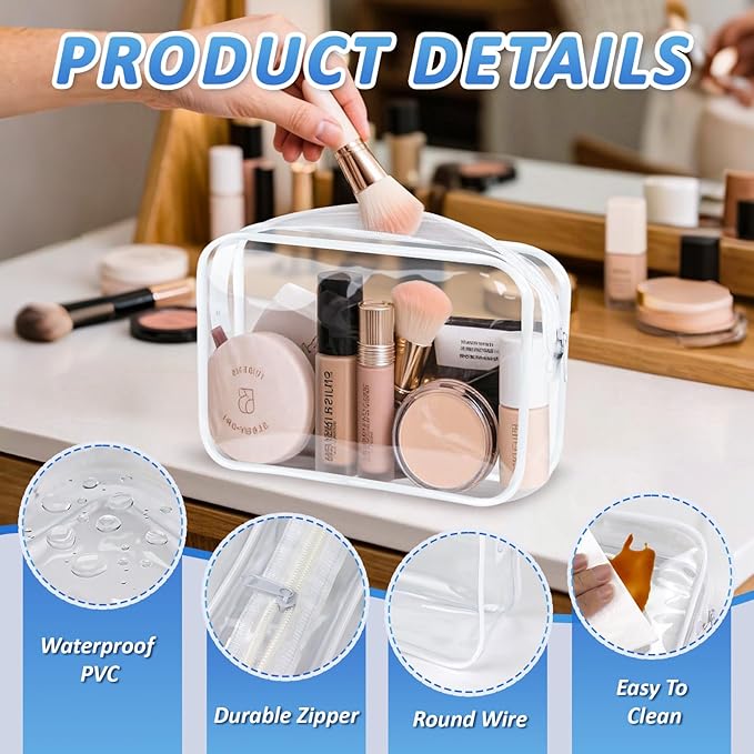CHICAUP Clear Makeup Bags Plastic Cosmetic Bag TAS Toiletry Bag for Travelling PVC Clear Pouch Organizer Bag for Women (4, white, Multisize)