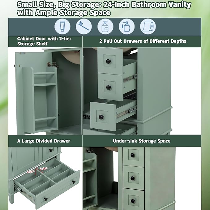 Bellemave 24" Bathroom Vanity with Sink Combo Set, Solid Wood Frame Bathroom Storage Cabinet with 3 Drawers, Soft Closing Cabinet Door with Organizer, Light Green