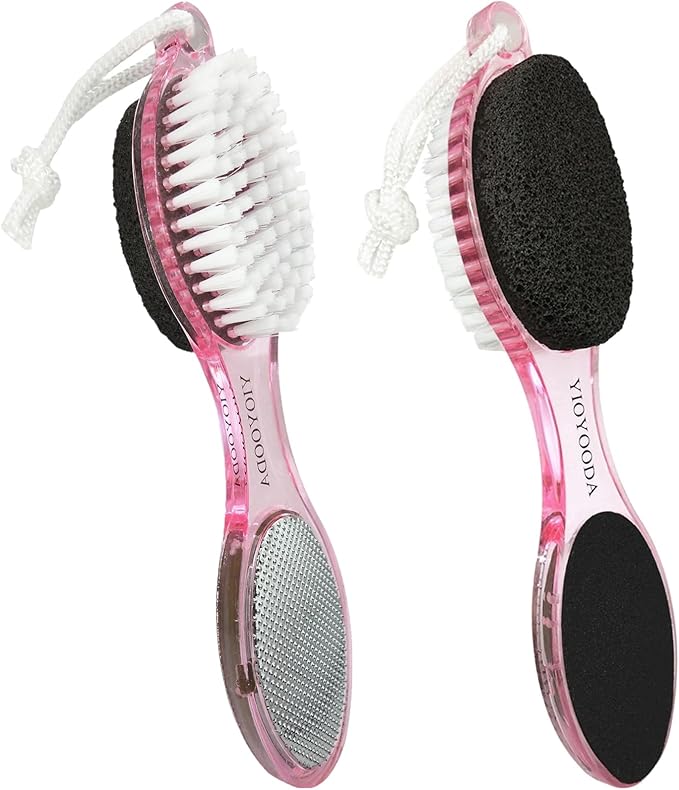 Foot File Callus Remover 4-in-1, 2 Pcs Feet Scraper Pedicure Tools with Pumice Stone, Scrubber Brush, Foot Rasp and Sand Paper, Double Sided Multi Purpose, Clear Pink