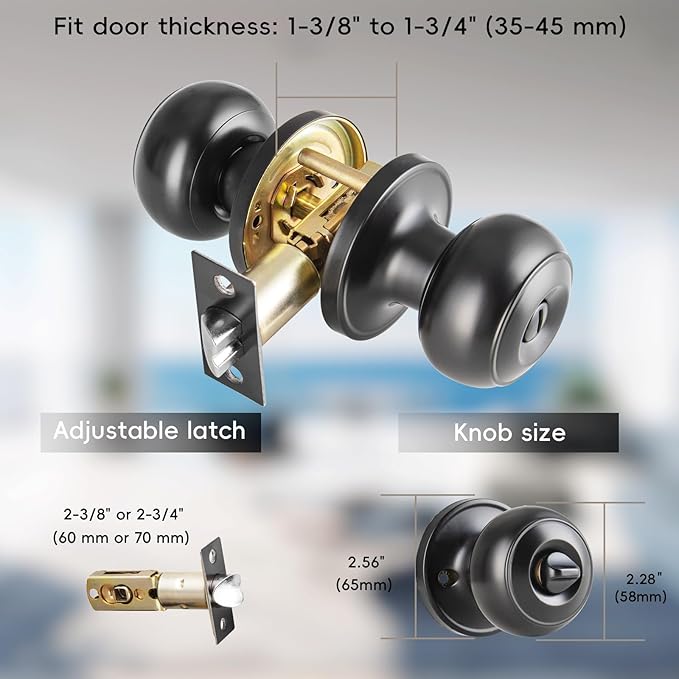 6 Pack Black Door Knobs Interior Keyless,Door Knobs for Bathroom & Bedroom,Matte Black Privacy Door Knob