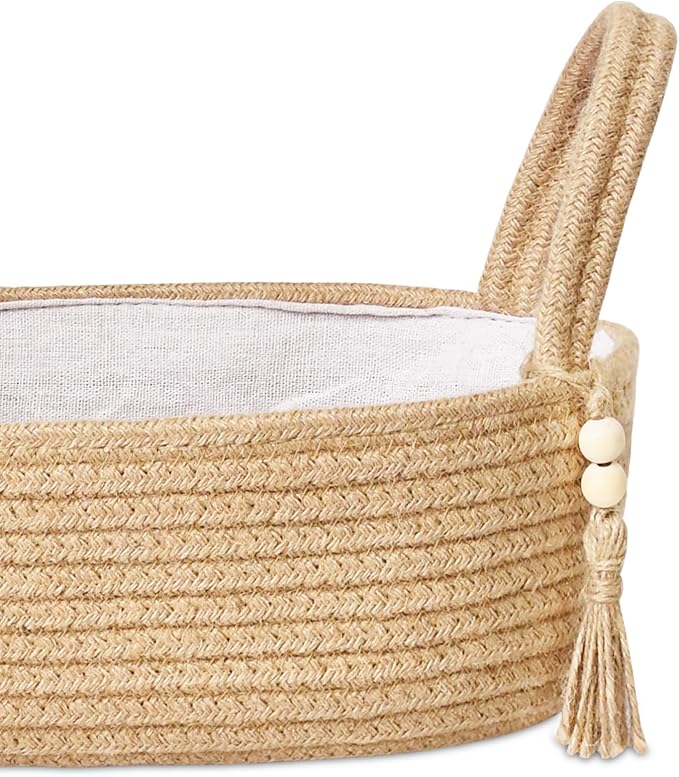 ABenkle Small Storage Basket, Jute Rope Woven Toilet Paper Tray Organizer for Toilet Tank Top, Boho Bathroom Decor Holder for Shelf Bedroom Living Room -13x6x4 Inches