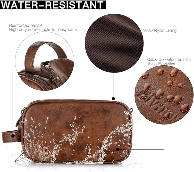 Elviros Toiletry Bag for Men, Large Travel Shaving Dopp Kit Water-resistant Bathroom Toiletries Organizer PU Leather Cosmetic Bags Fathers Day Gift (Medium, Dark Brown)