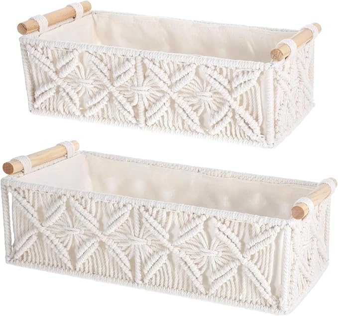 Macrame Storage Baskets 2PCS, Boho Woven Decorative Basket for Organizing with Handle, Countertop Toilet Paper Storage Container for Tank Bedroom Nursery Livingroom Entryway(White)