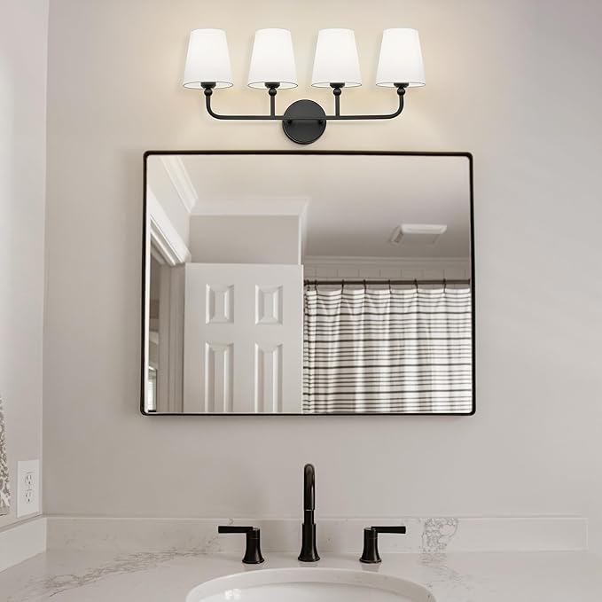 Bathroom Light Fixtures, 4 Light Matte Black Vanity Lights with Flared White Fabric Shade, 28 Inch Wall Sconce, Modern Sconces Wall Lighting for Hallway Bedroom, VL837-MB-4