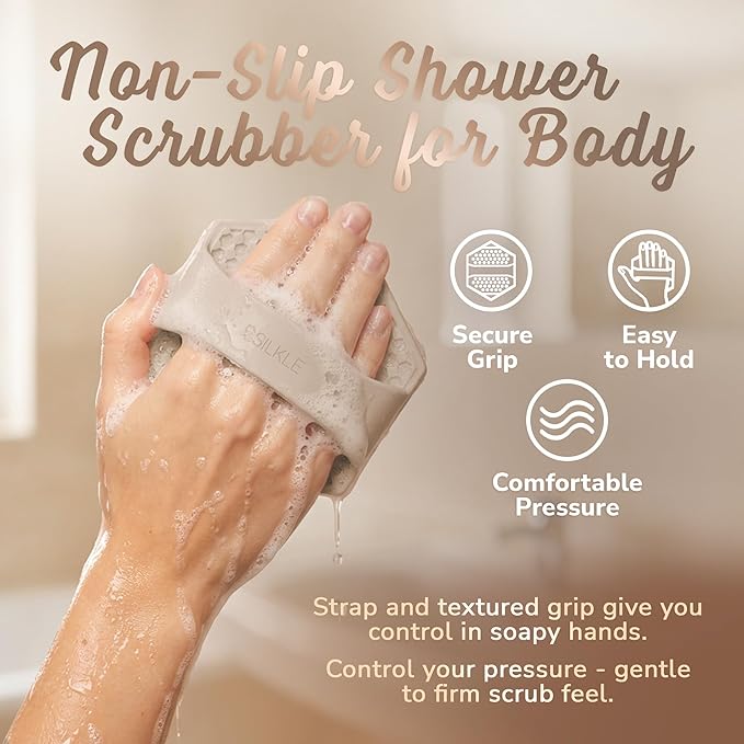 Silicone Body Scrubber – Gentle Exfoliating Shower Scrubber for Body & Bath, Silicone Shower Brush & Loofah Alternative – Non-Slip Silicone Body Brush, Quick Dry, Hygienic - Clay