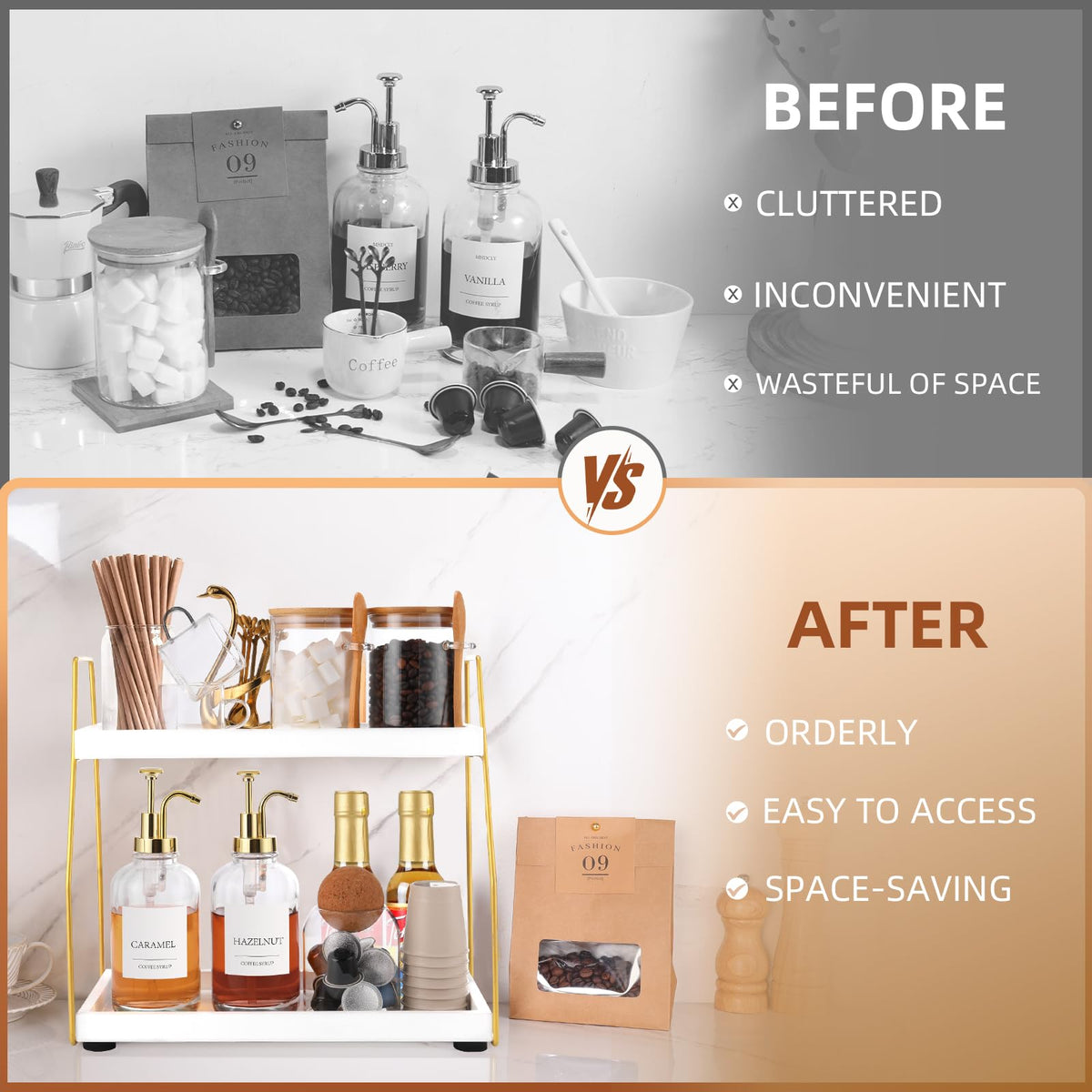 DWTS 2 Tier Wood/Gold Metal Coffee Station Organizer,Coffee Bar Accessories