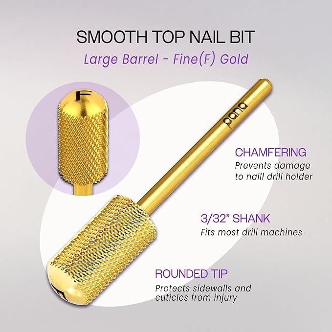 PANA 3/32" Large Smooth Round Top Safety Carbide Nail Drill Bit for Gel Polish & Acrylic Removal Nail Salon Manicure Pedicure Electric File Tools (Large Barrel - Gold, Fine)