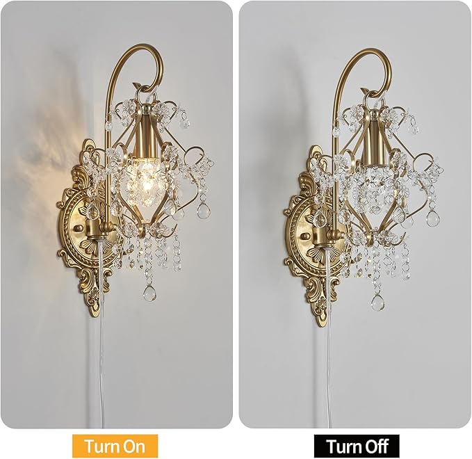 Gold Crystal Vintage Plug in Wall Sconces Set of 2 Indoor Wall Light Fixture, Modern Wall Mount Lamp Light for Bedroom Living Room Bathroom Vanity Light Hallway Light Fixture LED E12