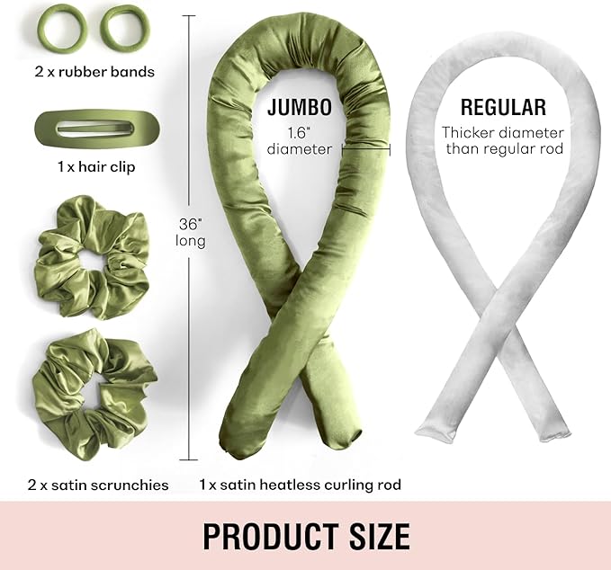 BLINKEEN Jumbo Heatless Hair Curler Set-Satin Heatless Curls Overnight, Jumbo Curling Rod Headband, No Heat Curlers To Sleep in (Moss Green)