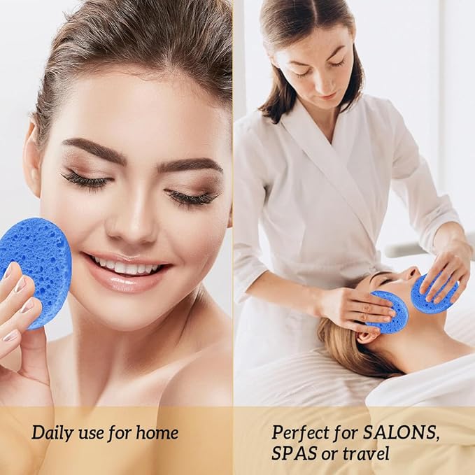 100-Count Facial Sponges Compressed Natural Cellulose Sponge Round Shape Face Sponge for Face Cleansing Exfoliating and Makeup Removal, Blue