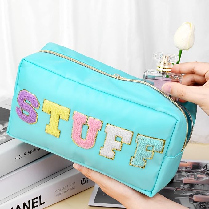 SOIDRAM Preppy Makeup Bag Nylon Cosmetic Bag Blue Stuff Makeup Pouch for Women Travel Toiletry Bag Organizer Cute Makeup Brushes Storage Bag with Chenille Letter Patches