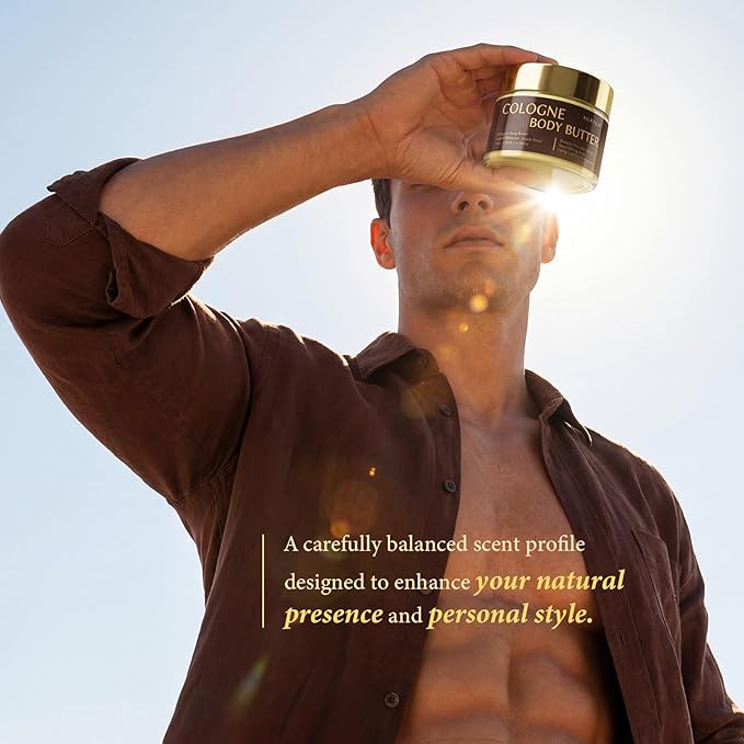 Men’s Cologne Body Butter – Shea Butter Moisturizer with Long-Lasting Masculine Scent – Fresh Woody Grooming Cream – Bergamot, Amberwood & Musk – 4.06oz