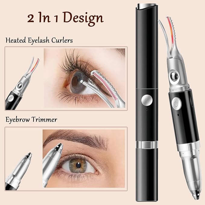 Heated Eyelash Curler - 2 in 1 Eye Lash Curler and Eyebrow Trimmer for Women with 2 Temperature Modes, USB Rechargeable Electric Eyelash Curler(Black)