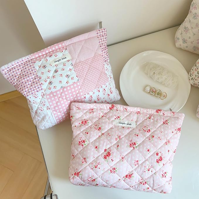 Sminra Quilted Floral Makeup Bag for Women, Cotton Cosmetic Pouch with Zipper, Slim Travel Toiletry Organizer for Makeup, Skincare and Daily Essentials Organizer (Pink Floral-L)