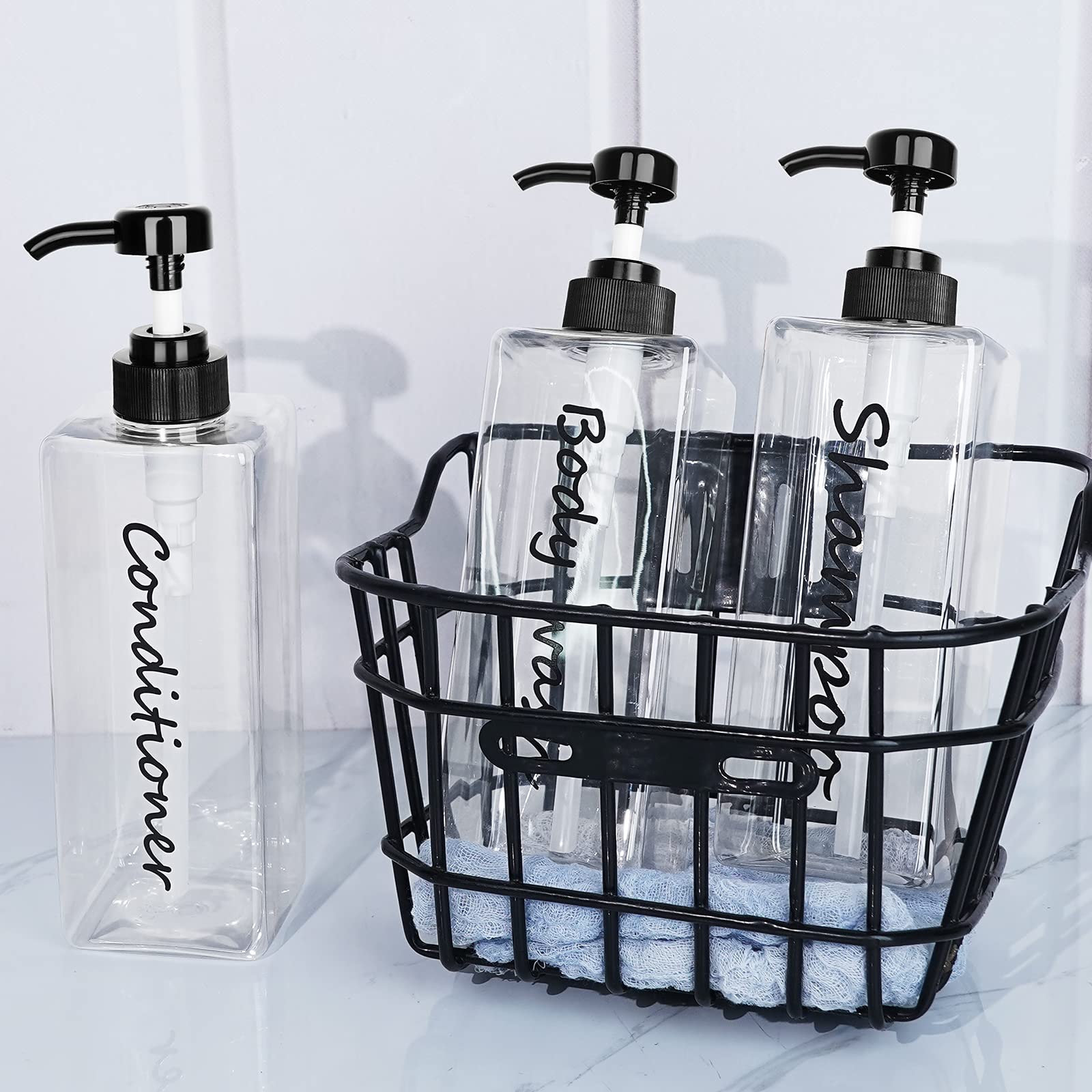 Shampoo Dispenser - Refillable Shampoo and Conditioner Bottles (Clear, Set of 3, 21oz) - Modern Shampoo Bottles for Shower Soap - Empty Shampoo Conditioner Body Wash Dispenser (Black) (Black)