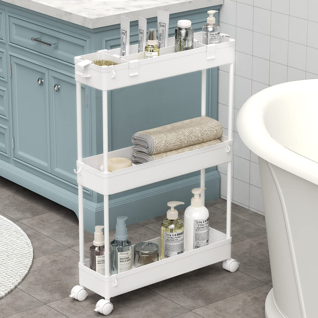 SPACELEAD Slim Storage Cart 3 Tier,Bathroom Organizer Rolling Utility, Mobile Shelving Unit Slide Out for Office, Kitchen, Laundry Room & Narrow Places,White