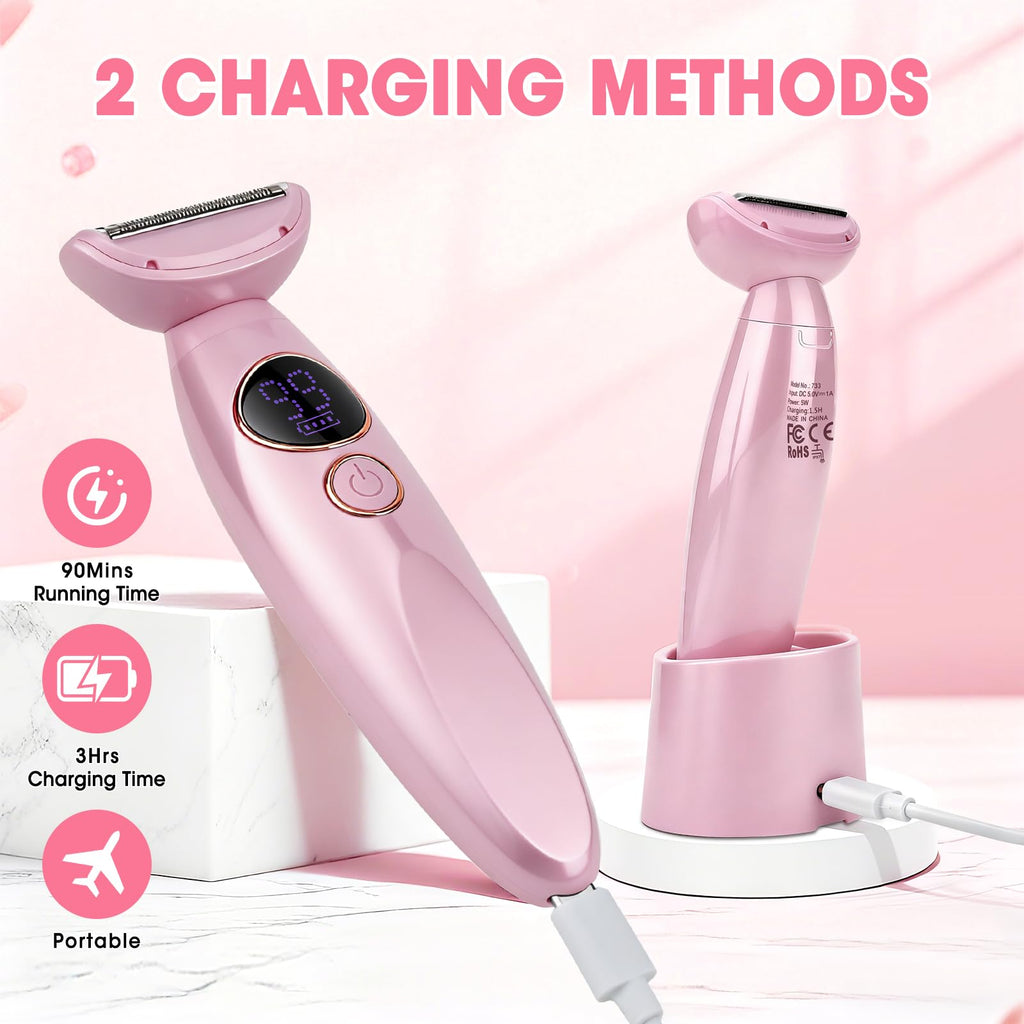 5 in 1 Bikini Trimmer for Women,IPX7 Waterproof Cordless Replaceable Pubic,Eyebrow,Facial Electric Razors&Nose Hair Trimmer&Painless Body Shaver for Arms Legs Underarms,USB Charge,LED Display,Wet&Dry