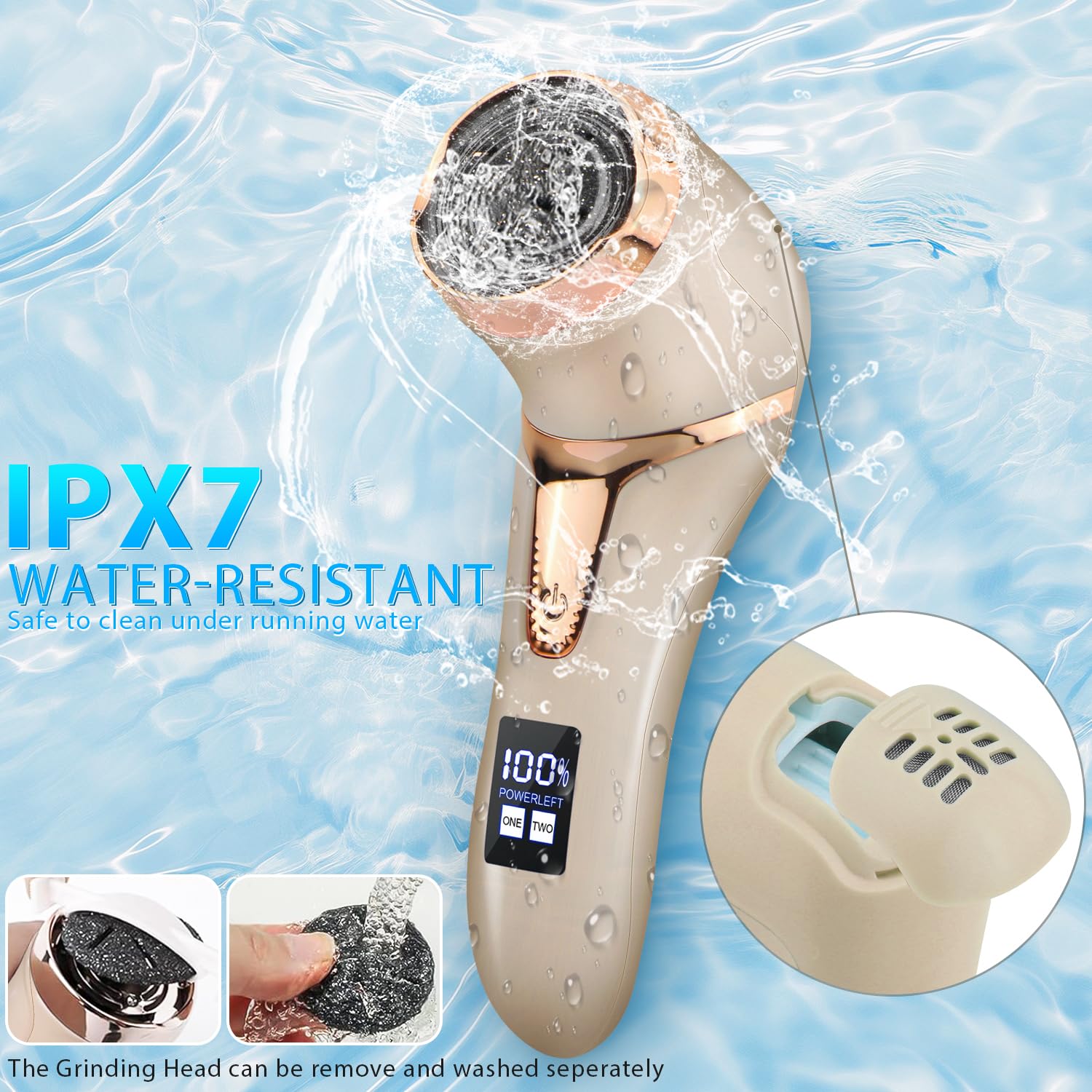 Electric Callus Remover for Feet, Portable Pedicure Kit Foot File Callus Remover, Rechargeable Waterproof Foot File for Foot Care Deadskin Remover with 9Head&LCD Display, Gold