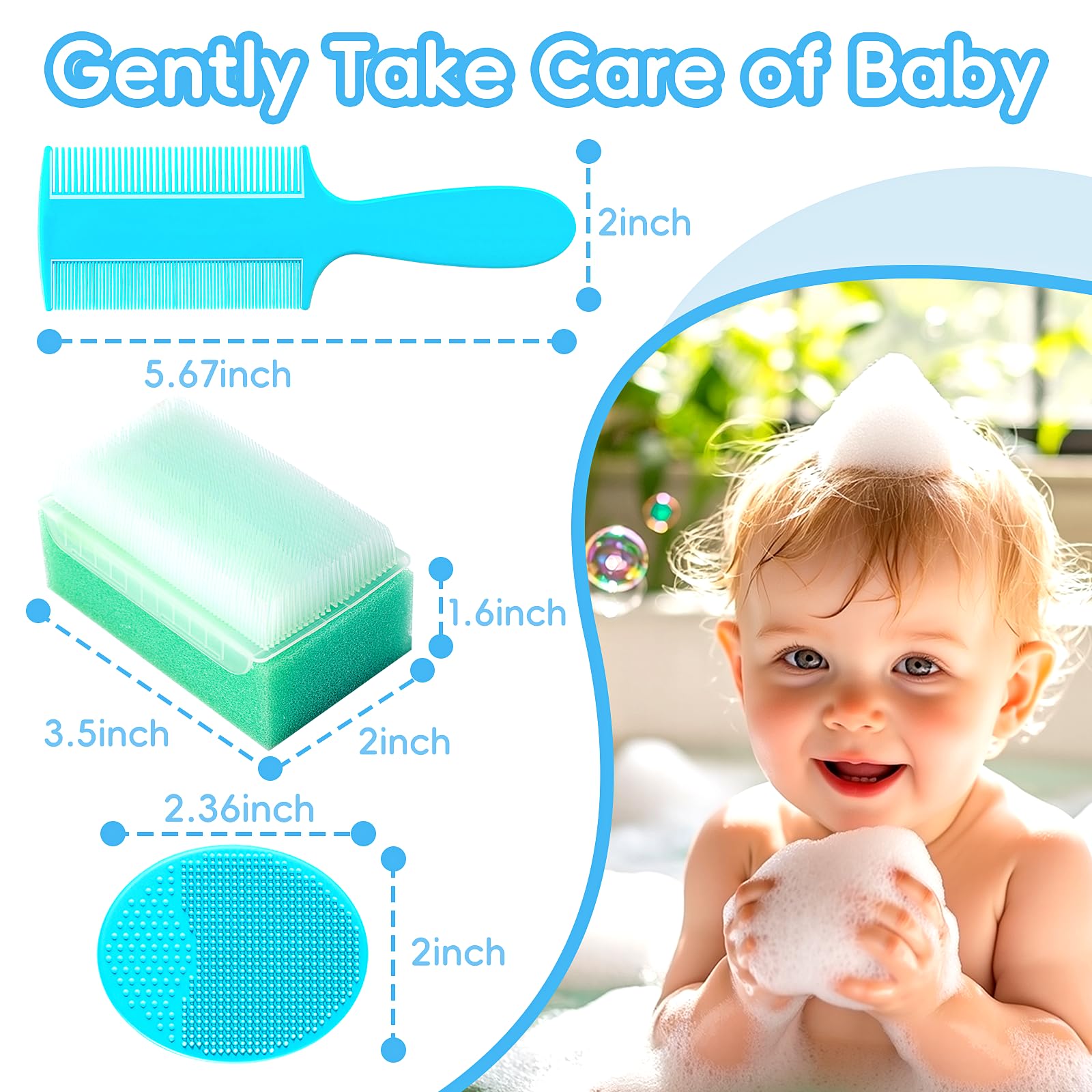 Cradle Cap Brush for Babies, Set of 5 Baby Bath Essentials with Bath Sponge Silicone Scrubber Long Handle Comb for Newborns Toddlers Boys Girls (Green)